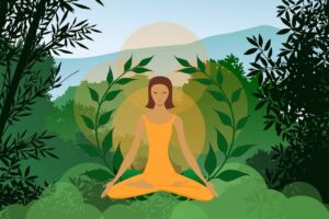 A vibrant image of a person meditating in nature, symbolizing personal growth and mindfulness